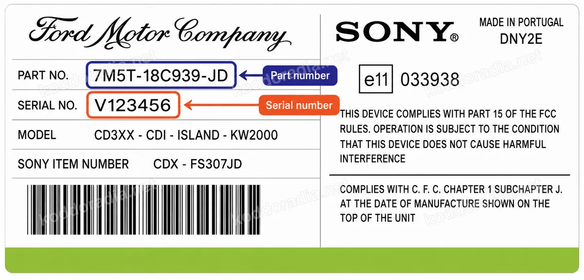 Gdzie znajdę numer seryjny radia Ford CD3XX-CD6-ISLAND-KW2000 / CDX-FC307FA?