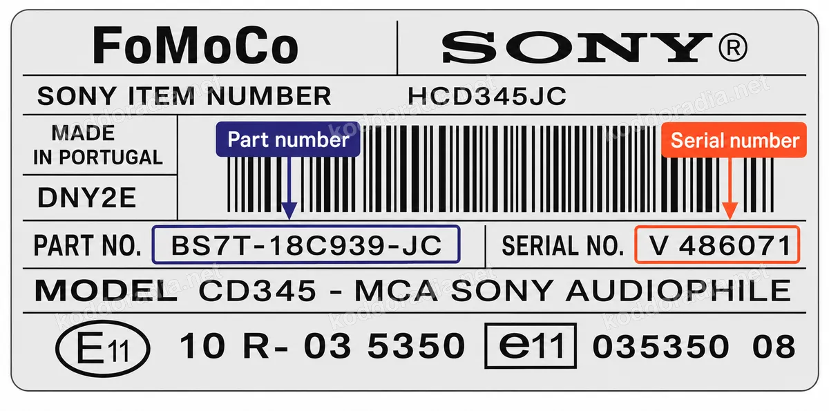 Gdzie znajdę numer seryjny radia Ford CD345 - MCA SONY / HCD345AB?