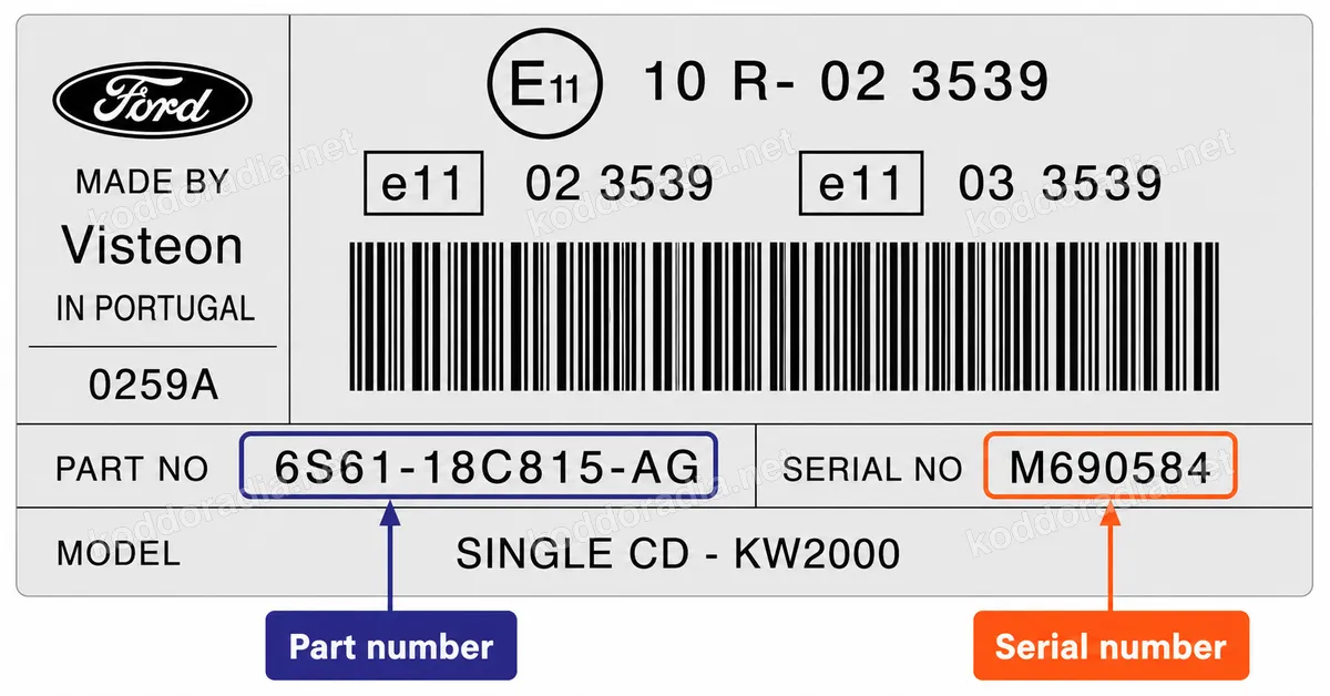 Gdzie znajdę numer seryjny radia Ford 6000 CD / SINGLE CD KW2000 (M)?