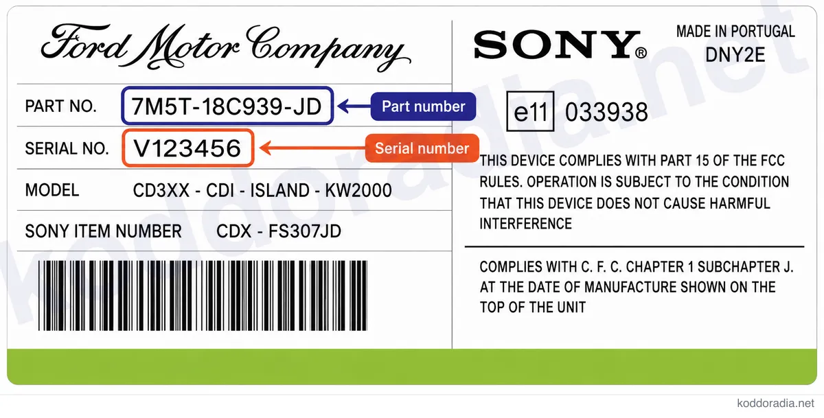Gdzie znajdę numer seryjny radia Ford CD3XX-CDI-ISLAND-KW2000 / CDX-FS307LA?