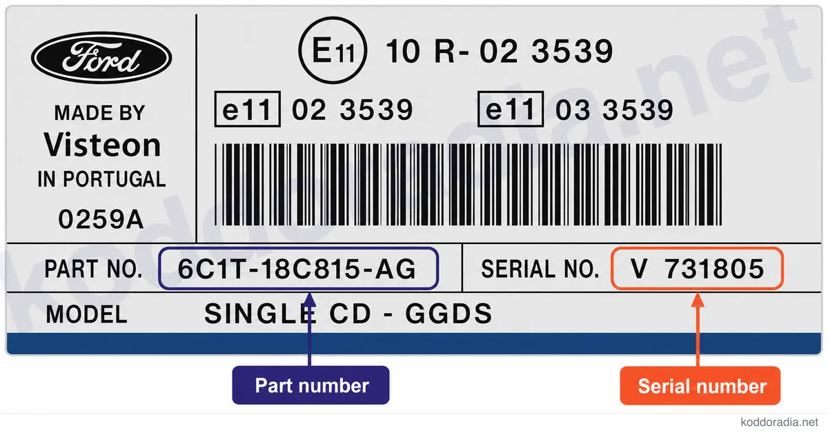 Gdzie znajdę numer seryjny radia Ford 6000 CD / SINGLE CD GGDS D+?