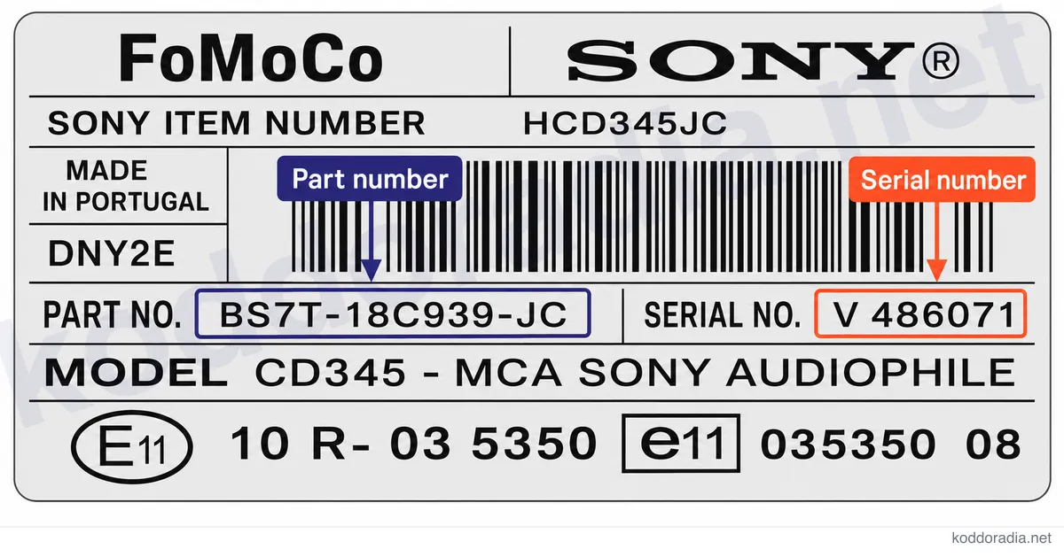 Gdzie znajdę numer seryjny radia Ford CD345 - MCA SONY AUDIOPHILE / HCD345JF?