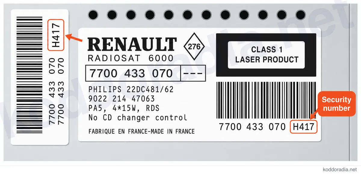 Gdzie znajdę numer seryjny radia Renault 22DC449/62L RADIOSAT 4000?