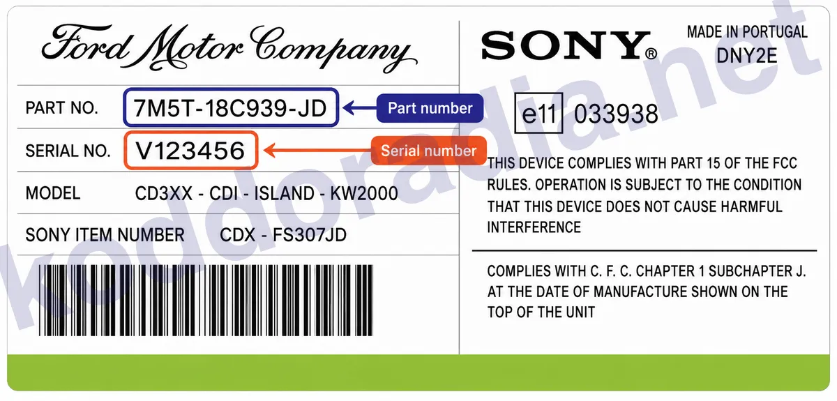 Gdzie znajdę numer seryjny radia Ford CD3XX-CD6-ISLAND-GGDS / CDX-FC34XBE?