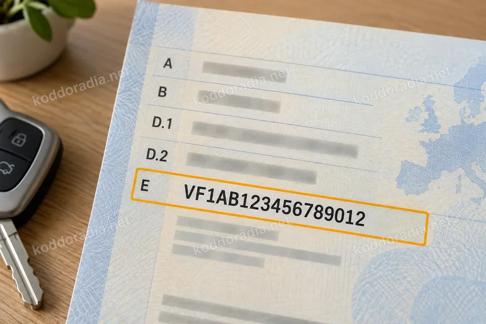 Przykładowy dowód rejestracyjny z zaznaczonym numerem VIN